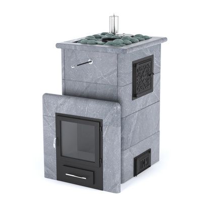 Газовая печь для бани ИзиСтим «Сочи-М2» в кожухе из талькохлорита с открытым верхом в Бердске